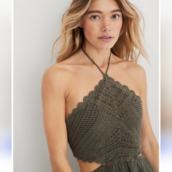 Aerie Pool-To-Party Crochet Halter Mini Dress Women's XS/TP Washed Olive Green - Picture 3 of 15